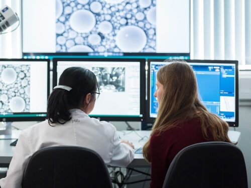 Two people looking at scientific data.