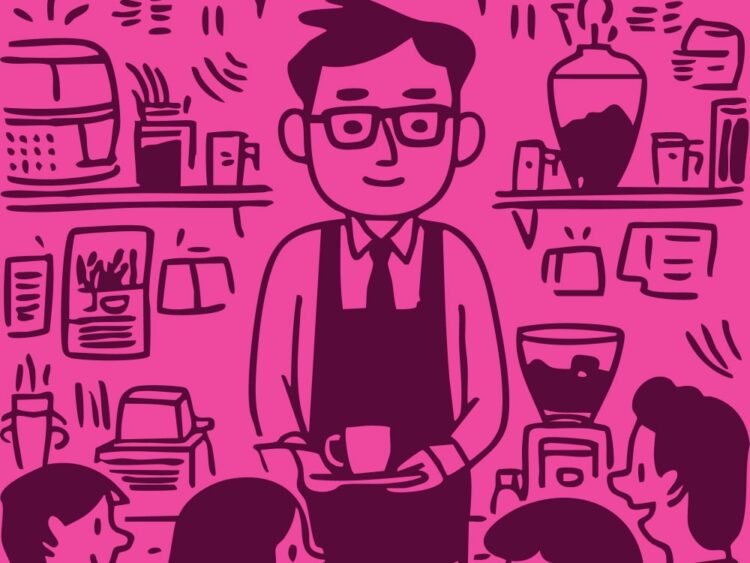 An illustration of a business owner serving a coffee.