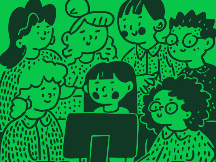 An illustration of 7 people gathered around a computer.