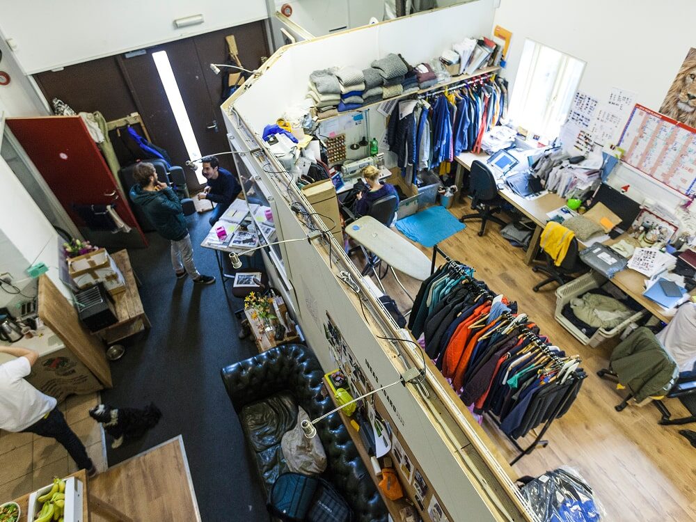 Aerial view of a busy textile workshop