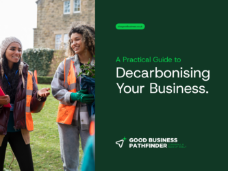 Front cover of the Decarbonising guide Two people wearing orange high viz